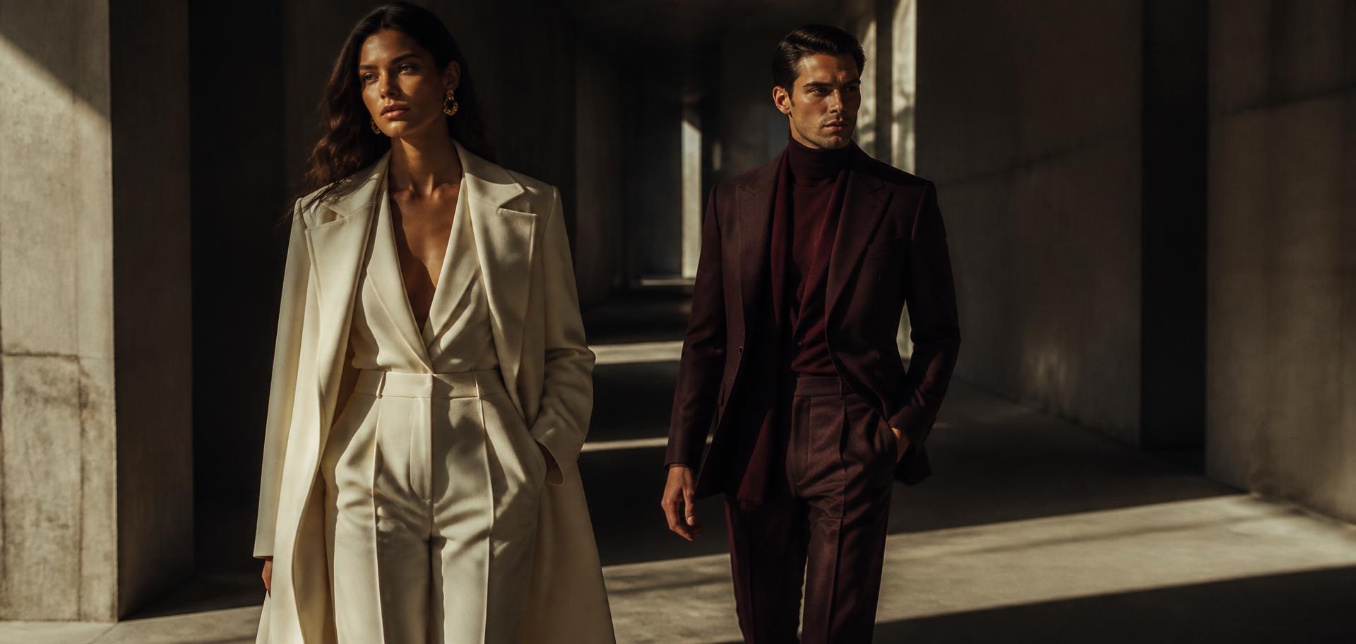 Two models in VELORA ivory and burgundy tailoring